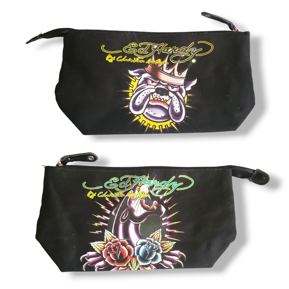 Ed Hardy | Y2K | Cute Black Panther/Bulldog Graphic Cosmetic Travel Bag - Picture 14 of 14